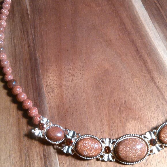 Gold Sandstone and Brown Austrian Crystal Beaded Goldtone Dragon Necklace - Picture 10 of 13